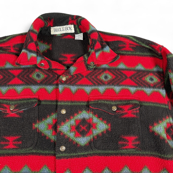 Vintage Bugle Boy Jacket Adult LARGE Red Black Southwest Aztec Fleece Snaps 90s - Picture 2 of 9